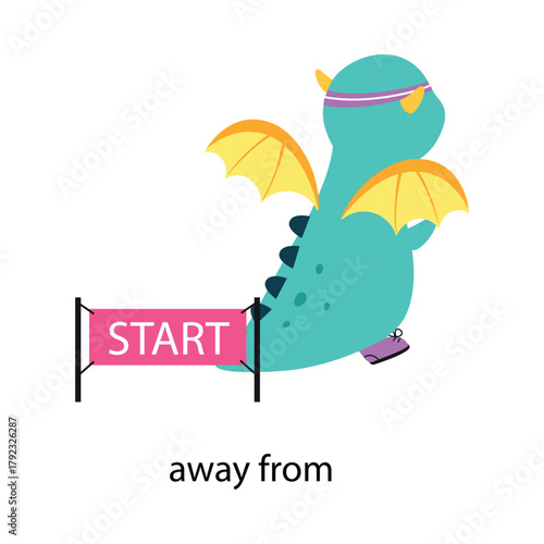 Prepositions with Cute Dragon Character Away from Start Vector Illustration