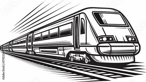 Sleek modern train speeds along tracks, symbolizing progress and efficient travel