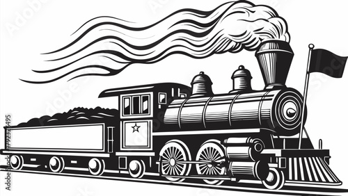 Bold vintage steam locomotive chugs forward with powerful plume of smoke against white