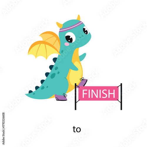 Prepositions with Cute Dragon Character Run to Finish Vector Illustration