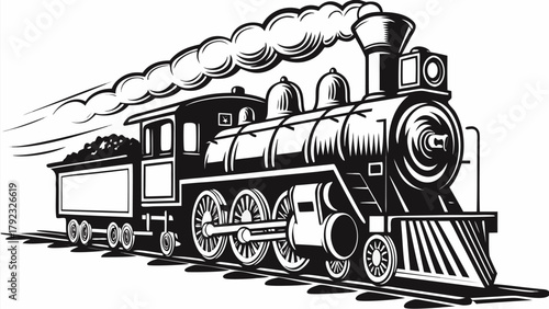 Powerful vintage steam train chugs along railroad tracks emitting smoke and steam