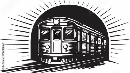 Dynamic subway train emerges from illuminated tunnel on tracks, speed, motion, urban transport concept