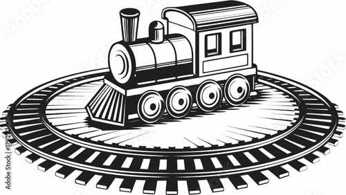 Classic steam train traveling on circular railway tracks, perfect for nostalgic transport designs.