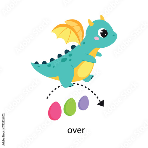 Prepositions with Cute Dragon Character Fly Over Eggs Vector Illustration