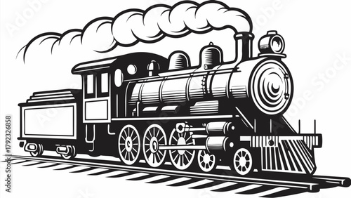 Classic steam locomotive chugging along vintage railway tracks, emitting billowing smoke