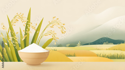 An illustration of a bowl of rice in the mountains and fields, a traditional Chinese food theme.
