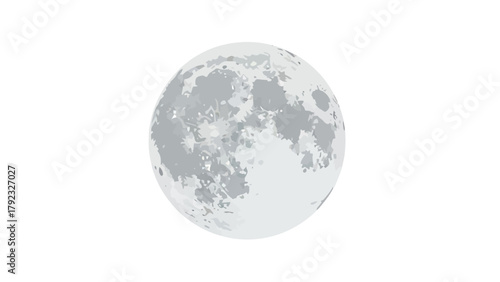 A full moon with craters and dark patches on a white background