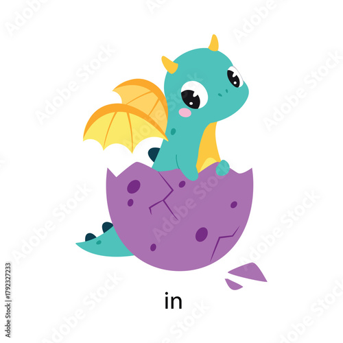 Prepositions with Cute Dragon Character Sit In Egg Vector Illustration