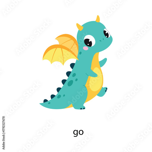 Prepositions with Cute Dragon Character Going Vector Illustration