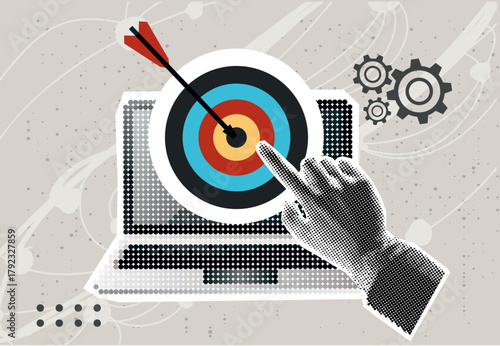 Retro Halftone Collage. Laptop with arrow on target circle. Target bullseye or arrow on target. The online business grows according to the goals set. Business market concept. Modern photo collage