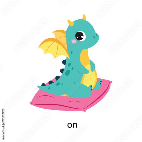 Prepositions with Cute Dragon Character Sit on Pillow Vector Illustration