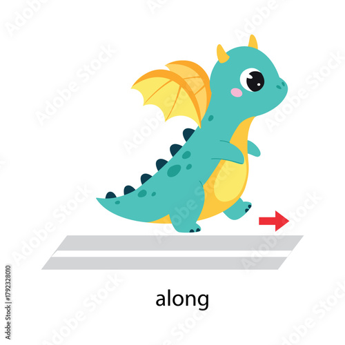 Prepositions with Cute Dragon Character Walk Along Road Vector Illustration