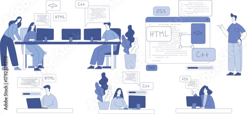Programming with Man and Woman Character Working on Web and Application Development Vector Set