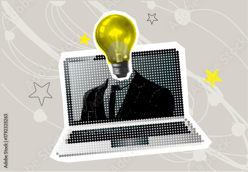 Trendy halftone collage element. Person, businessman, on screen laptop, expert with light bulb instead head. Idea, brainstorming, problem solution concept Mixed design vector illustration