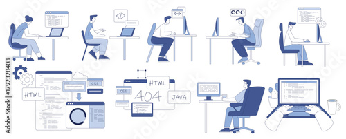 Programming with Man and Woman Character Working on Web and Application Development Vector Set