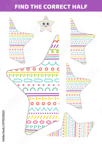 Find the correct half of stars. Educational attention game for kids. Activity for kids. Isolated vector illustration eps 10
