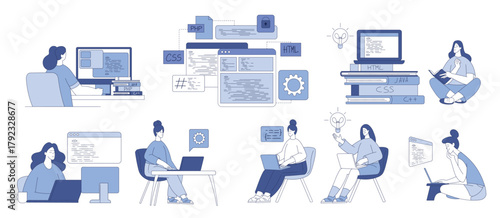 Programming with Woman Character Working on Web and Application Development Vector Set