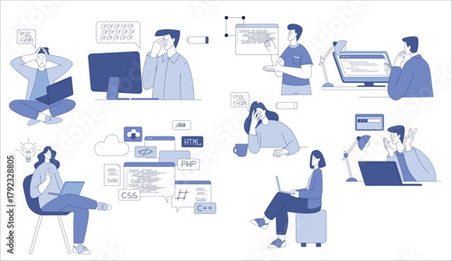 Programming with Man and Woman Character Working on Web and Application Development Vector Set