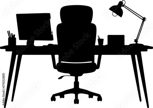 home office desk setup silhouette vector illustration