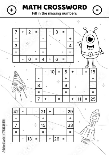 Alien in space. Easy math crossword game. Addition and subtraction. Black and white. Fill in the missing numbers. Solve the problem. Educational attention game for kids. Isolated vector illustration e
