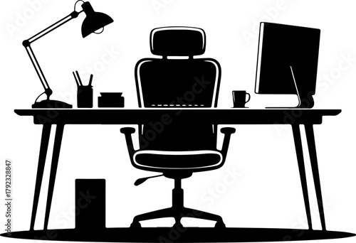 home office desk setup silhouette vector illustration
