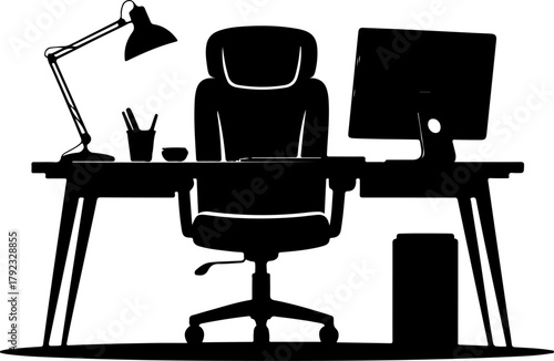 home office desk setup silhouette vector illustration