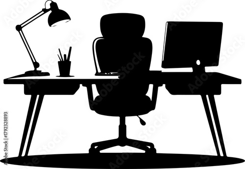 home office desk setup silhouette vector illustration