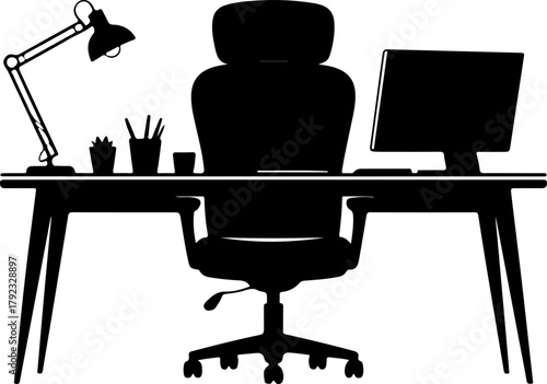 home office desk setup silhouette vector illustration