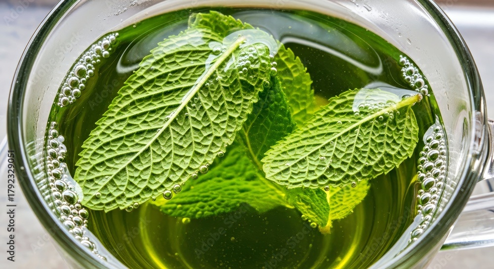 Obraz premium Fresh Mint Leaves Floating in a Sparkling Green Beverage Close Up Refreshing Drink