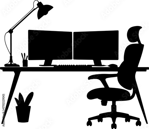 home office desk setup silhouette vector illustration