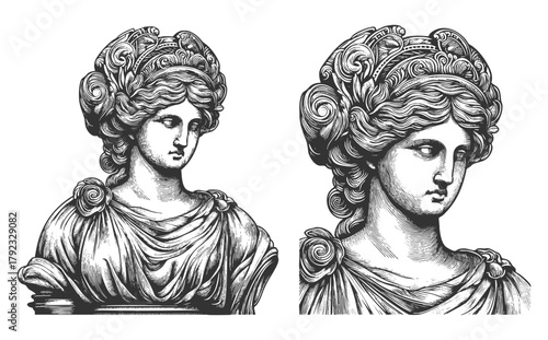 female figure resembling a Greek or Roman goddess sketch engraving generative ai fictional character vector illustration. Scratch board imitation. Black and white image.