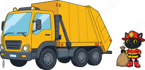 Cartoon garbage truck with firefighter cat, whimsical animal character holding trash bag, playful children’s illustration for education, fun graphics, services