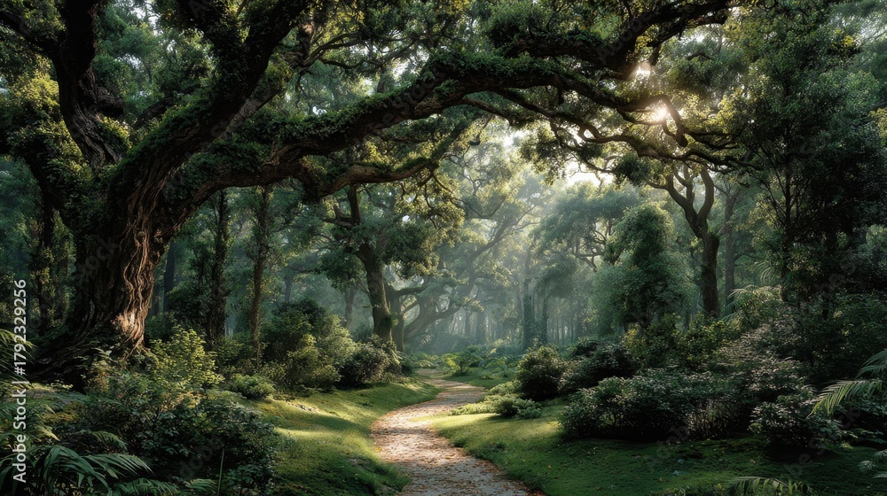Naklejka premium Sunlight filters through dense green canopy in a lush forest, illuminating a small path during the daytime in the Pacific Northwest