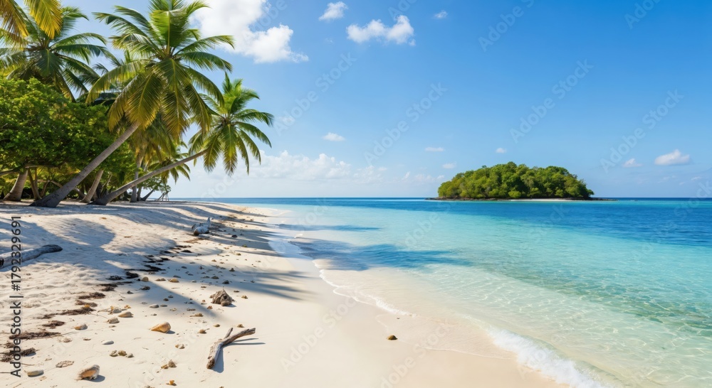 Fototapeta premium Idyllic tropical beach with swaying palm trees, white sand, and crystal clear turquoise ocean leading to a distant lush green island under a blue sky