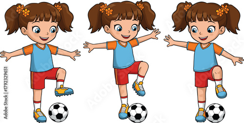 Cartoon girl playing soccer, three poses with ball, children’s sports illustration for education, fun graphics, athletic activity learning material