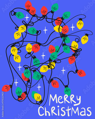 Merry Christmas greeting card with tangled Christmas lights. Doodle colorful garland decoration symbol. Vector isolated pattern.