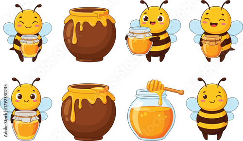 Cute cartoon bees with honey jars, adorable honeycomb characters, sweet honey pot illustration, vector design for kids, mascot collection