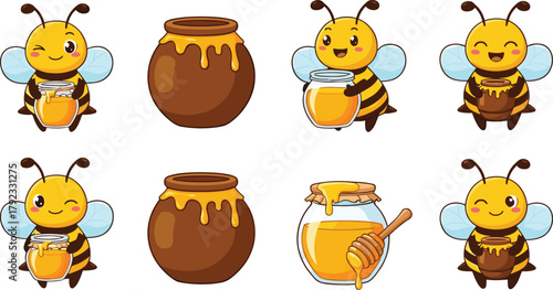 Cute cartoon honey bees with honey jars, adorable bee characters, sweet honey pot illustration, vector mascot design for kids artwork