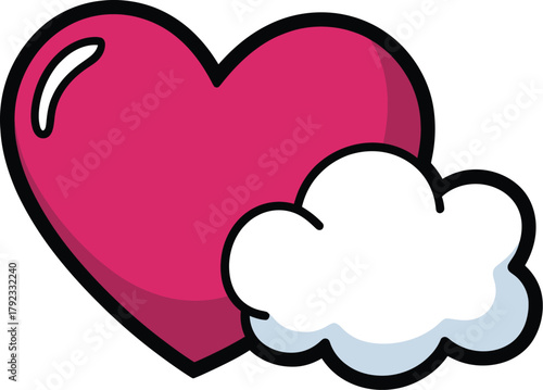 Cute pink heart with a fluffy white cloud next to it, simple illustration
