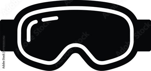 Solid black silhouette icon of protective winter sports goggles, with a sharp white outline emphasizing the curved lens and secure frame design