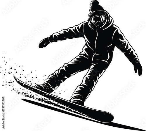 Action shot of a snowboarder carving down a snowy slope, captured in a dynamic black and white illustration