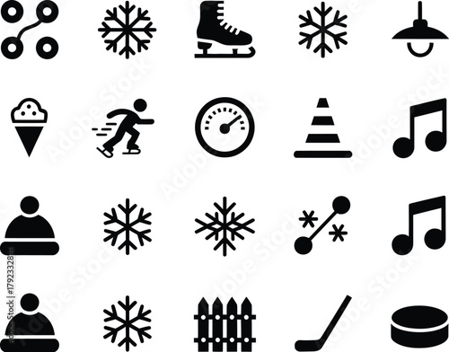 Glyph icon set for winter season themes, featuring symbols for ice skating, hockey equipment, various snowflake designs, and other related cold weather elements