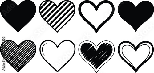 A diverse set of eight unique heart designs, featuring solid, striped, outlined, and sketched styles, perfect for love and romance-themed graphic projects