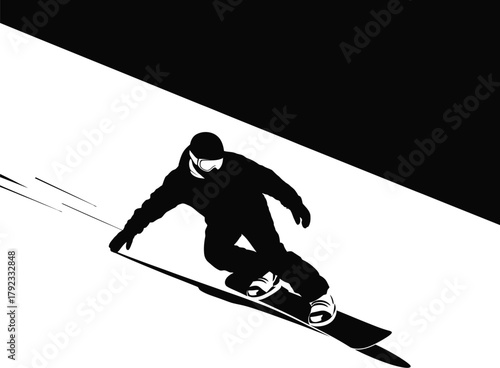 Silhouette of a snowboarder carving down a snow-covered slope with dynamic motion lines, set against a stark black and white background