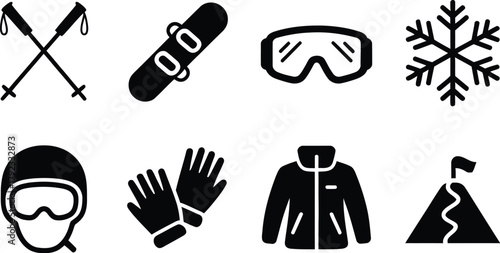 Diverse set of winter sports and recreation icons, including essential ski equipment like poles and goggles, a snowboard, a snowflake symbol, protective gear, and a mountain slope
