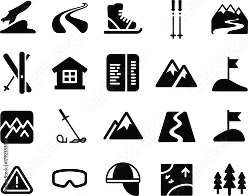 A comprehensive set of black glyph icons representing winter sports, including skiing and snowboarding equipment, mountain landscapes, a ski jump, and a winding trail