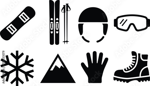 Collection of Winter Sports Equipment and Symbols, Including Snowboard, Skis, Helmet, Goggles, Snowflake, Mountain, Glove, and Boot