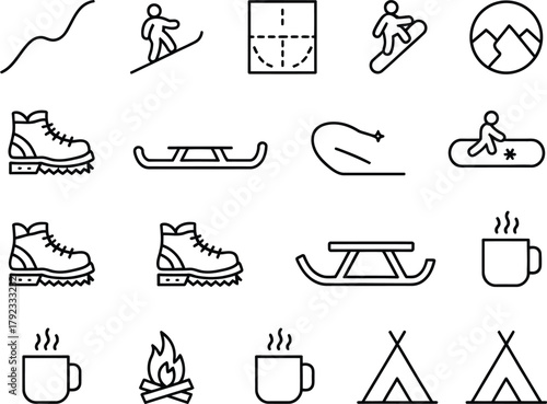 Outline Winter Sports Icons Skiing, Snowboarding, Boots & Sledging