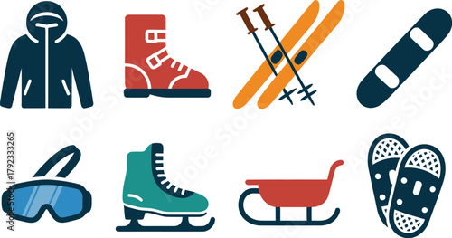 Winter sports equipment and clothing including jacket, boots, skis, snowboard, goggles, ice skates, sled, and snowshoes