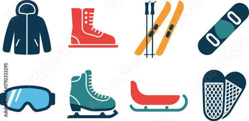 Winter Sports Icons Skiing, Ice Skating, Snowboarding, and Winter Gear Elements